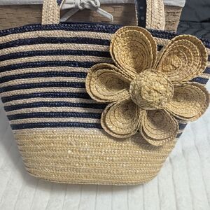 Navy and Natural Straw Tote with Floral Detail